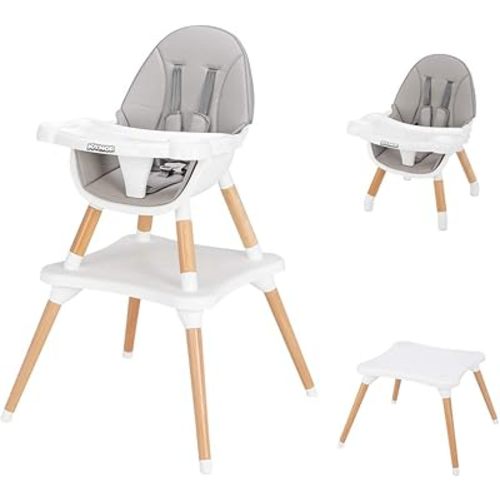 JOYMOR 5-in-1 Convertible Baby High Chair for Babies and Toddlers, Table and Chair Set, Wooden Infant Eating Highchair with Leather Seat Cushion, 4-Position Removeable & Adjustable Tray (Grey)