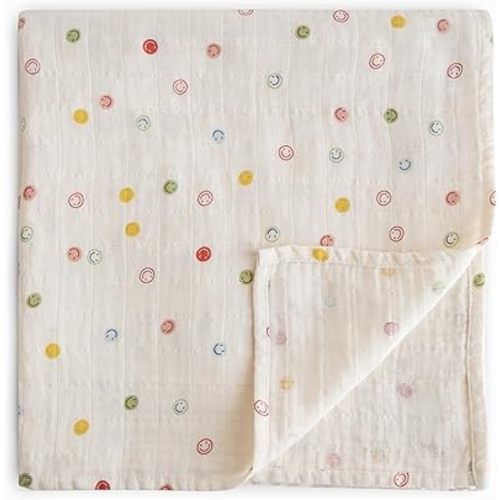 mushie Muslin Baby Swaddle Blanket | 100% Organic Cotton (Smiley Face)