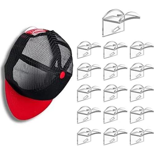 Adhesive Hat Hooks for Wall (16-Pack) - Minimalist Hat Rack Design, Strong and no Drilling, Hat Shelf Organizer for Baseball Hats for Door, Closet, Office, Bedroom (Clear)