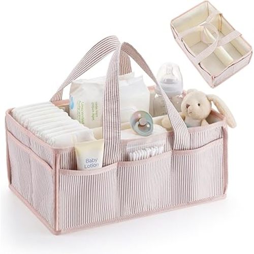 Baby Diaper Caddy, Stripe Diaper Caddy Storage Organizer, Stylish Large Tote Bag for Newborn Essentials Nursery Storage Boy or Girl, Gift for Baby Shower and Registry Must-Have (Khaki)