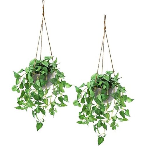 Fake Hanging Plants with Pots, 2 Pack Artificial Faux Anthurium Leaf Hanging Basket Plant for Wall Home Room Indoor Outdoor Decor