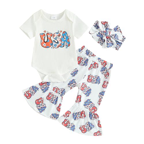 LAGKIYOJ 4th Of July Newborn Girl Outfits American Babe Short Sleeve Onesie Bell Bottoms Set Memorial Day Outfit Baby Girl