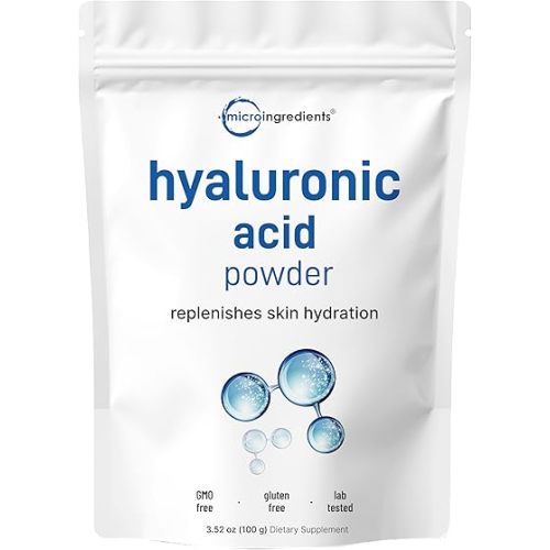 Micro Ingredients Hyaluronic Acid Serum Powder, 100 Grams | Low Molecular Weight, Cosmetics Grade | Skin Hydration and Moisture Support Supplements | Vegan, Water Soluble (Within 2 Hours)