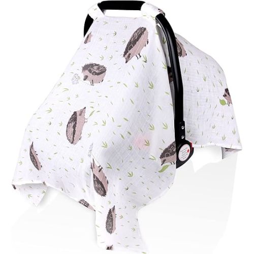 Muslin Baby Car Seat Cover, Metplus Infant Carseat Canopy Newborn Carrier Stroller Covers for Girls Boys, Lightweight Breathable Fit Summer Spring Autumn, Large Size 47.2 x 35.4 inch, Hedgehog