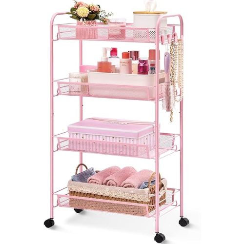 TOOLF 4 Tier Rolling Utility Cart - Durable Metal Design Pink Utility Cart, Storage Trolley on Wheels with 3 Hooks, Perfect for Kitchen, Bathroom & Laundry Room Organization