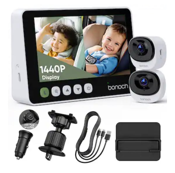 bonoch - 2K Baby Car Camera Monitor with Full Crystal Night Vision and 360° Rotating Wide View Dual Cameras - White