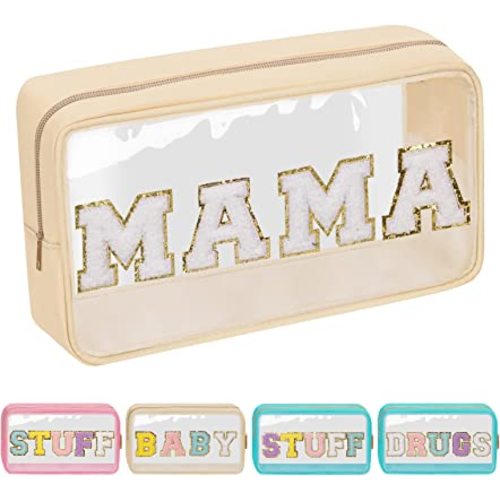 Iqimott Preppy Patch Clear Mama Bag, Women Chenille Letter Makeup Cosmetic Bag for Travel, Nylon Waterproof Organization Outdoor Zipper Pouch Toiletry Bag for Women Girls(Beige)