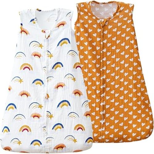 david's kids Muslin Cotton Baby Sleep Sack 0-6 Months, 2 Pack 100% Cotton Sleeping Bag for Summer, TOG 0.5 Baby Wearable Blankets with 2-Way Zipper, Soft Sleep Sacks for Newborn Infant, Rainbow