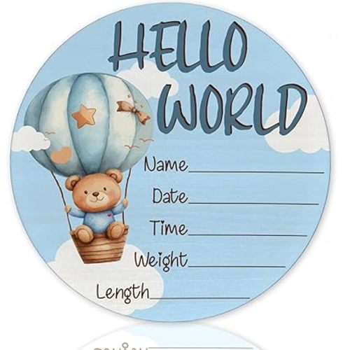Baby Announcement Sign for Newborn Boys or Girls, Hello World Newborn Sign, Nursery Wall Decor, Baby Name Sign, Blue Hot Air Balloon Theme Birch Wood 6 inch Circle Board, Newborn Gifts
