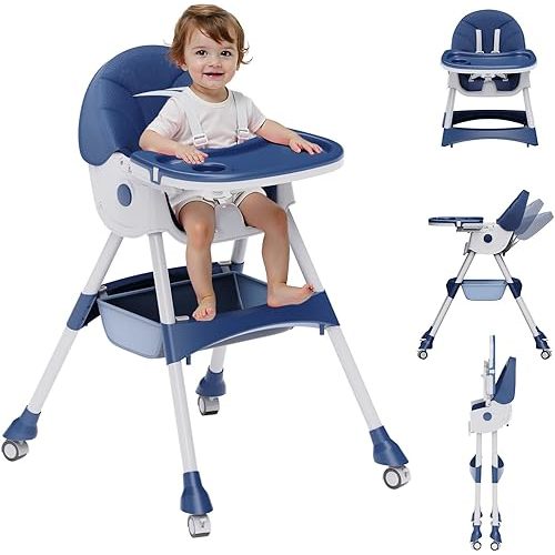 High Chairs for Babies and Toddlers, 4 in 1 Convertible Baby High Chair, Portable High Chair for Travel with Adjustable Height and Back, Foldable HighChair with Wheels& Pu Cushion