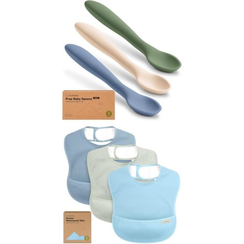 KeaBabies 3-Pack Silicone Baby Spoons and 3-Pack Waterproof Baby Bibs for Eating - Toddler First Food Training Spoon - Lightweight Boys & Girls Bib with Food Catcher