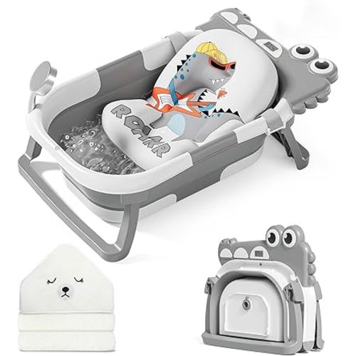 MoreFeel Collapsible Baby Bathtub for Newborn with Thermometer & 1 Hooded Towel & 1 Soft Floating Cushion,Portable Travel Bathtub with Drain Hole, Durable Foldable Baby Tubs for Infants to Toddler