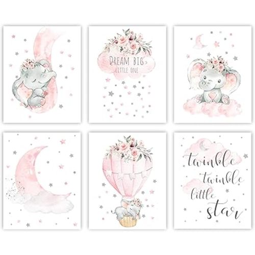 Canssape Elephant Nursery Wall Decor Set of 6 Baby Girl Room Decor for Nursery 8"x10" Pink Flowers Wall Art Prints | Dream Big Little One | Nursery Wall Art Girl Room Wall Decor(Unframed)