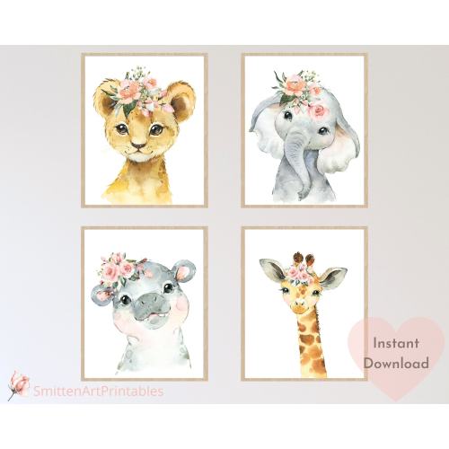 Safari Animals Nursery Prints Set 0f 4, Floral Crown Baby Animals, Pink Flower Nursery Decor, Blush Safari Animal Decor, Baby Shower Gift