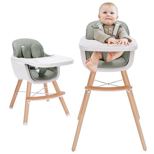 3-in-1 Convertible Wooden High Chair,Baby High Chair with Adjustable Legs & Dishwasher Safe Tray, Made of Sleek Hardwood & Premium Leatherette, Green Color