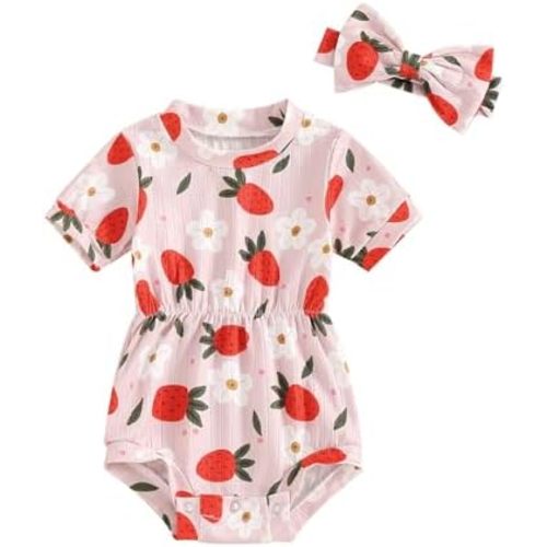 Baby Girl Summer Clothes Ribbed Short Sleeve Romper Solid Color Bodysuits Bow Headband Outfit Newborn Girl Jumpsuit