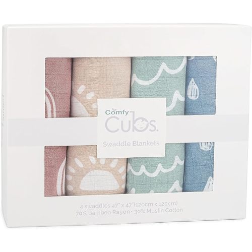 Comfy Cubs Muslin Swaddle Blankets Neutral Receiving Blanket Swaddling, Wrap for Boys and Girls, Baby Essentials, Registry & Gift (Sun, Rainbow, Rain, Doodle) - Pack of 4