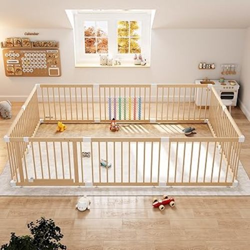 Extra Large Wooden Baby Playpen - Size Adjustable Fence for Babies and Toddlers, Baby Play Yard with Locking Gate, Indoor Play Pen for Kids Activity Center 94.5”×63.5”