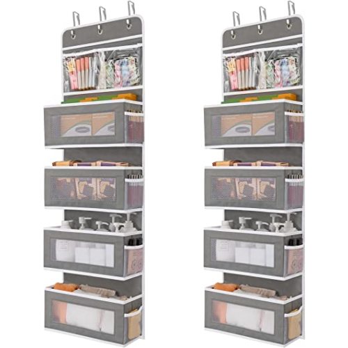 JARLINK 2 Pack 5-Shelf Over Door Hanging Organizer, Foldable Wall Mount 4 Big Pocket Storage with PVC Clear Window, Large Capacity Storage for Bedroom, Kitchen, Cosmetics, Toys, Sundries, etc (Grey)