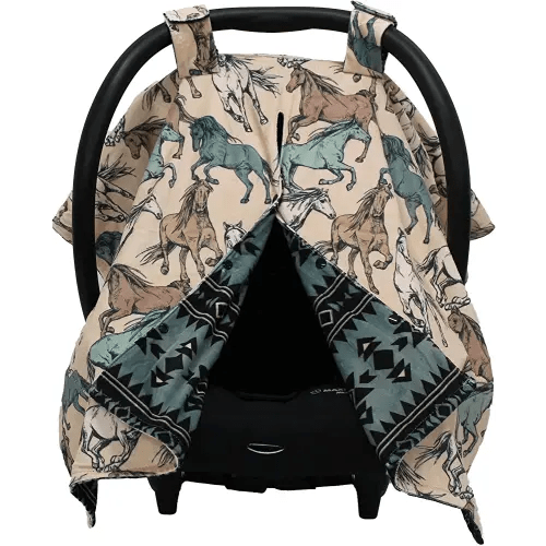 Dear Baby Gear Car Seat Cover for Boys & Girls - Baby Carseat Canopy w/Snap Opening - Infant Seat Cover - Stroller & Nursing Covers - Newborn Carrier Canopy -40x30"(Tan Teal Cream Horses, Aztec Teal)
