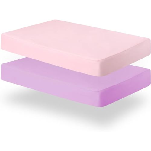 Biloban Pack and Play Sheets Fitted, 2 Pack Pack and Play Sheet Fits for Graco Pack n Play Mattress, Neutral Playard Sheets for Baby Boys and Girl, Pink & Violet, 38”X 26”