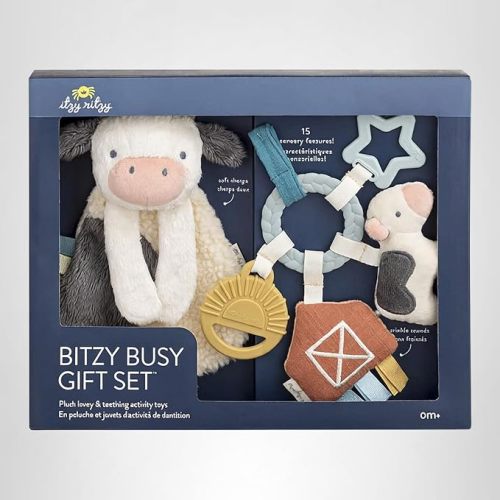 Itzy Ritzy Teething Toy Gift Set - Includes Cow Lovey & Barn-Themed Busy Ring Car Seat and Stroller Toy - Features Crinkle Sounds, Engaging Textures & Silicone Teething Relief (Farm)