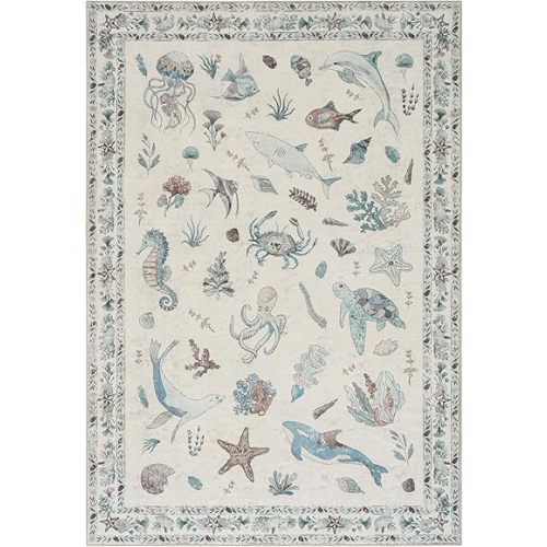 Soft Marine Animal Washable Faux Wool Stain Resistant Rug Rubber Non-Slip Backing for Playroom Bathroom Living Room Bedroom Bedside Beachy Cute Coastal Nautical Nursery Rug (Green Multi, 5' x 7')