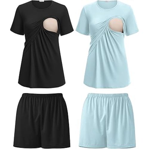 Ekouaer 2 Pack Women's Nursing Pajamas Set Double Layer Maternity Pjs Postpartum Loungewear Set Breastfeeding Tops & Shorts