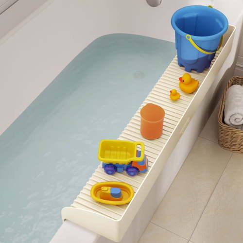 Bathtub Splash Guard Play Shelf - Silicone Toy Tray Caddy Holder, Extra Play Area for Kids' Bath, Tub Shelf with Suction Cups, Prevent Water Spills in Bathroom, Bathtub Accessories, Beige