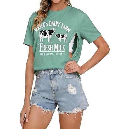 Eatbook Breastfeeding Shirts for Women Zip Nursing Tops Comfort Maternity Mama Cute Graphic Casual Tees