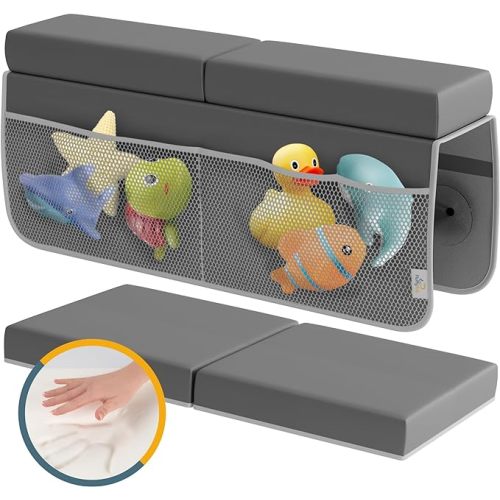 Baby Bath Kneeler and Elbow Rest Pad Set, 2-Inch Thick Memory Foam Water-Resistant Mat – Essentials Baby Bath Cushion and Bath Kneeling Pad for Bathing Baby with Bathtub Toy Organizer.