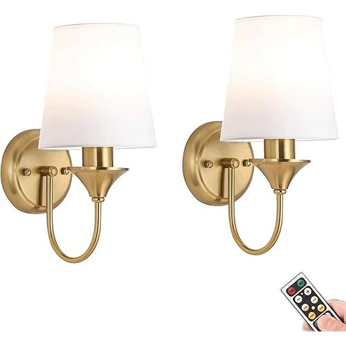 Brass Gold Wall Sconces Battery Operated Wall Lights with Remote Set of 2, Indoor Rechargeable Wireless Battery Powered Wall Sconce, Cordless Fabric Wall Lamp Bedroom Farmhouse Hallway living Room