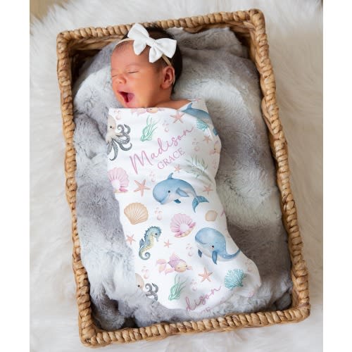 Personalized Underwater Swaddle Blanket Turtle Name Baby Blanket Newborn Baby Girl Coming Home Outfit Hospital Photo Outfit Baby Shower Gift