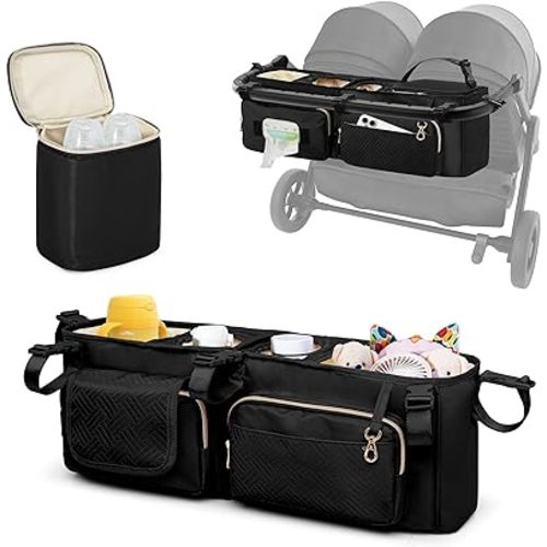 Double Stroller Organizer Compabitle with BOB Duallie and Baby Jogger City Mini GT2 Double Stroller, Double Parent Stroller Caddy Organizer with Cup Holder and Cooler Bag, Black(Empty Bag)