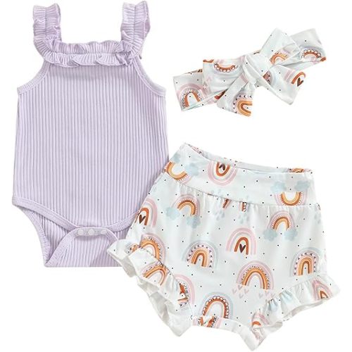 fhutpw Baby Girl Clothes Summer Cute Outfits 3 6 12 18 Months Spaghetti Strap Romper & Floarl Shorts Sets