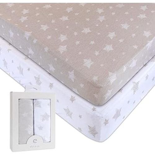 Ely’s & Co. Crib Sheets, Baby Boy/Girl Fitted Crib Mattress Sheet Set, 2 Pack, 100% Jersey Knit Cotton, Infant and Toddler Nursery Bedding, Tan Drawn Star, 28” x 52”
