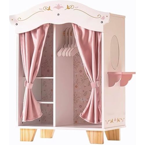 ROBUD Wooden Play Armoire Closet for Dolls, Doll Closet Furniture Wardrobe with 5 Hangers, Mirror, Velvet Curtains, Fit for 16-20in American Girl Doll Clothes, Gift for Boys & Girls, 3+