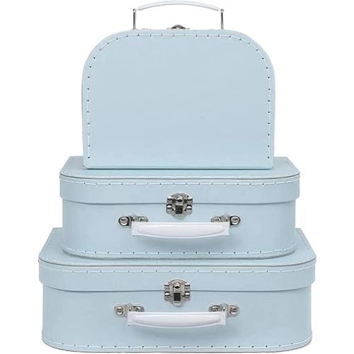 Jewelkeeper Paperboard Vintage Suitcase - Set of 3 Decorative Vintage Luggage - Storage Cardboard Suitcase - Mini Luggage Gift Box for Birthday or Wedding - Baby Blue Pastel Design