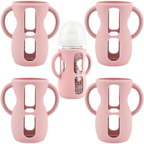 Frezonika 4 Pack Silicone Sleeves for Avent Natural Glass Baby Bottles, Silicone and Easy-Grip Handles for Drop Protection, Compatible with Philips Avent 4/8 OZ Glass Bottle (Cute Pink, 8 OZ)