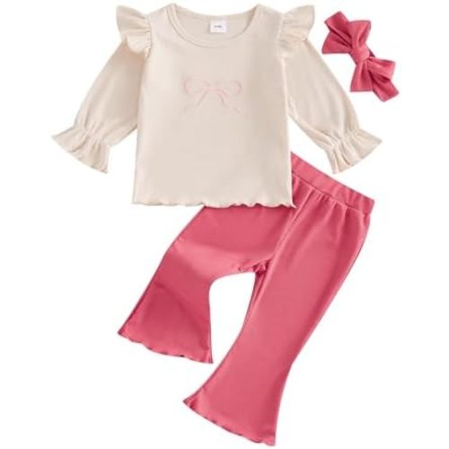 Toddler Baby Girl Fall Winter Clothes Ribbed Ruffle Long Sleeve Shirt + Flared Pants Outfits Set