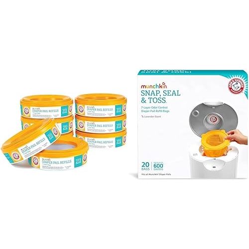 Munchkin® Arm & Hammer Diaper Pail Refill Rings, 2,176 Count, 8 Pack (272 Count each) & Arm and Hammer Diaper Pail Snap, Seal and Toss Refill Bags, Holds 600 Diapers, White 20 Count