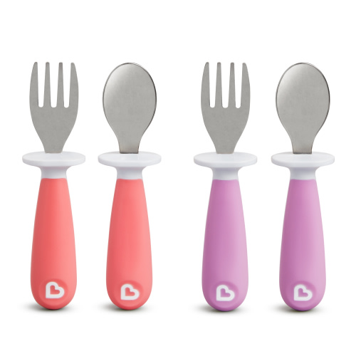 Munchkin Raise Toddler Fork and Spoon, 4 Pack, Pink/Purple, 12+ months