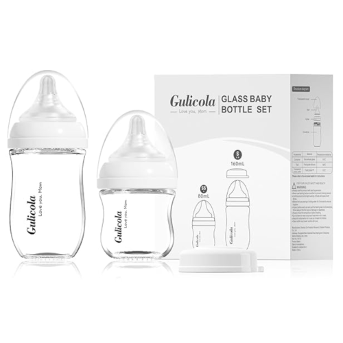 Natural Glass Baby Bottle Newborn Set, 3 oz and 5 oz with Extra Slow Flow & Slow Flow Nipple, Anti Colic, 0-3 Months, 2 Pack - White