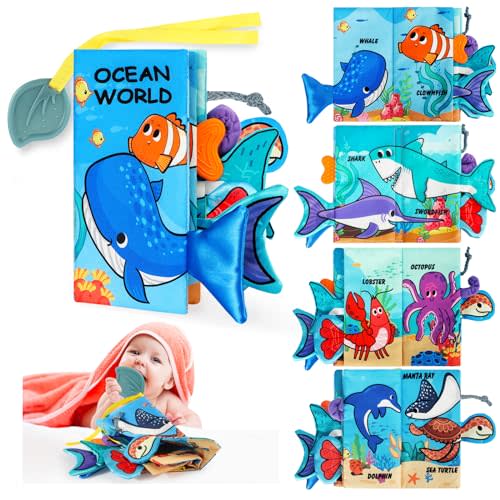 Baobrava Baby Crinkle Book, Baby Book 0-6 Months, Baby Cloth Book with Teether, Tummy Time Toys for Infant Newborn, Touch and Feel Book for Shower Gifts, Early Learning Stroller Toy for 6-12 Months