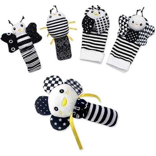 BABY K Rattle Socks & Wrist Rattles and Hand Rattle (Set E+ Flower) - Newborn Toys for Baby Boy or Girl - Brain Development Infant Toys - Hand and Foot Rattles Suitable for 0-3, 3-6, 6-12 Month Babies