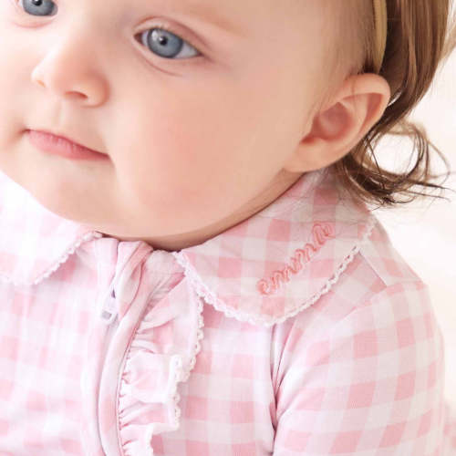 Peter Pan Collar Ruffle Zipper Footie | Rosy Gingham