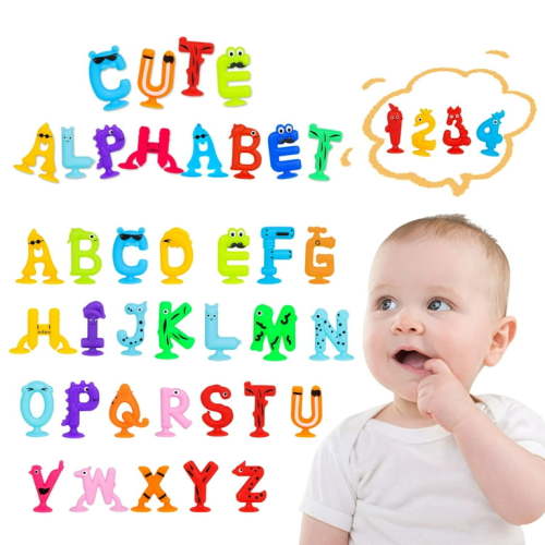 Suction Toys Kids Bath Toy for Toddler Aged 3, 30PCS Silicone Animal Alphabet Number Sucker Toy, Montessori Sensory Toy Gift for Kids Aged 4-8, Educational Spelling Fidget Toys
