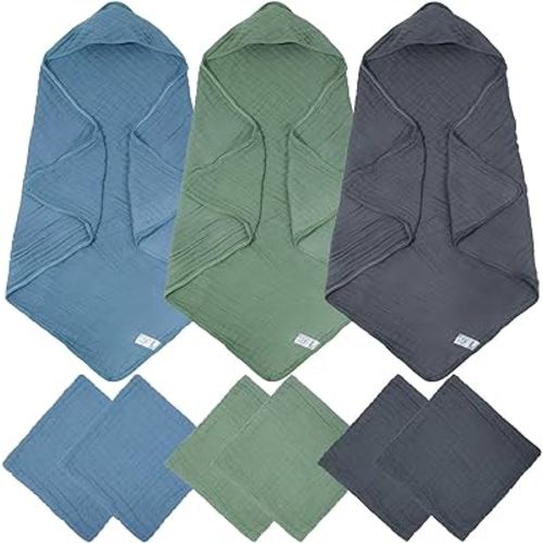 9 Pcs Baby Hooded Bath Towel and Washcloth Sets Muslin Cotton Hooded Baby Towel for Newborn Large 32 x 32 Inch Infant Toddler Hooded Towels Baby Towels with Hood Soft and Absorbent (Dark)