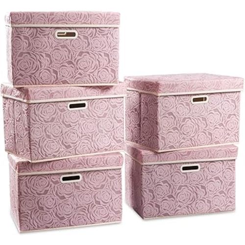 PRANDOM Large Foldable Storage Boxes with Lids [5-Pack] Fabric Decorative Storage Bin Cubes Organizer Containers Baskets with Cover Handles for Bedroom Closet Nursery Pink 17.7x11.8x11.8 Inch