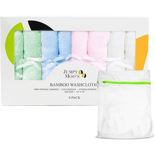 Jumpy Moo's Baby Washcloths - 100% Rayon from Bamboo, Ultra Thick 10x10 inches, Gentle on Delicate Skin, Perfect for Girls and Boys, includes Giftbox & Laundry Bag